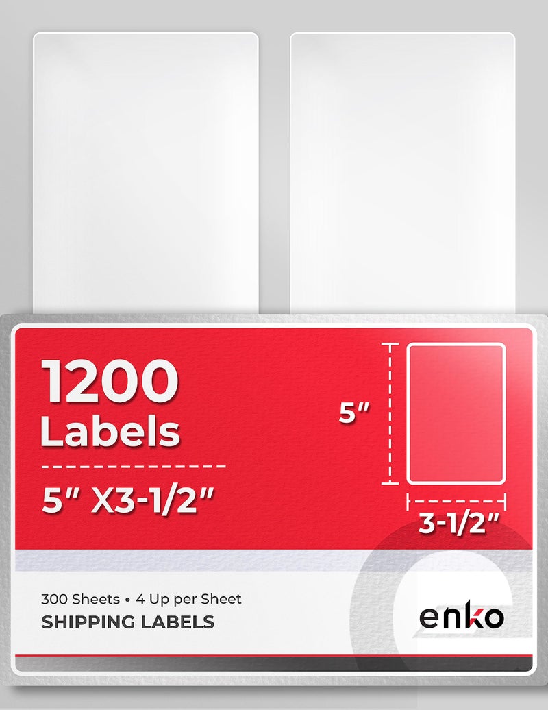enKo Products enKo 3-1/2 x 5 inches Label - White Blank - 4 Up Per Sheet Shipping Address Mailing Labels for Laser Inkjet Printer (300 Sheets, 1200 Labels) - Image 1